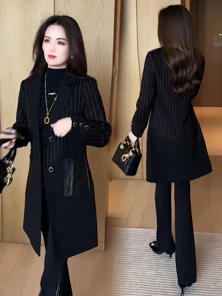 

Faionable повседневное универсальное женское пальто-ветровка 2024, осеннее новое утягивающее шикарное двубортное пальто средней длины в полоску