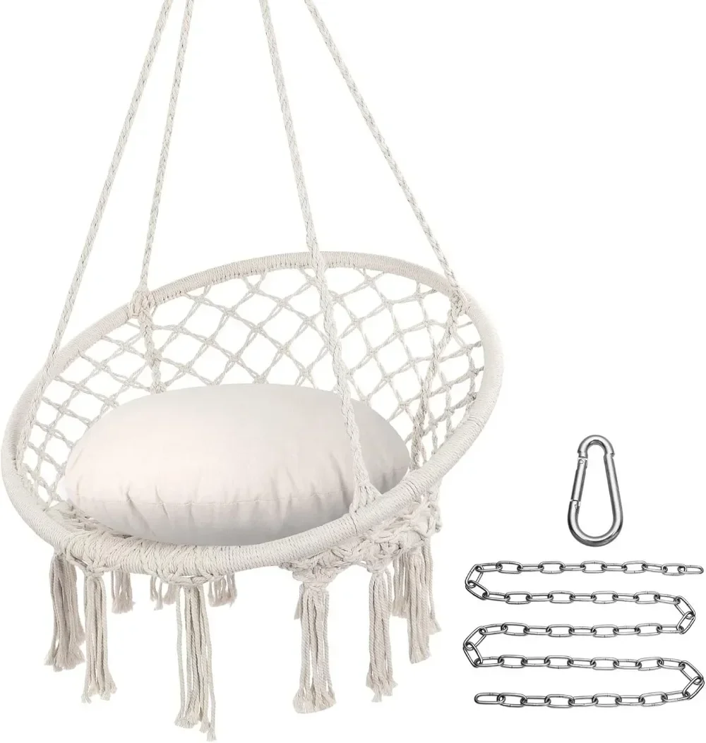 

Hammock Chair Macrame Swing Chair, Max 330 Lbs, Hanging Chair Cotton Rope Hammock Chair Swing for Indoor and Outdoor Use