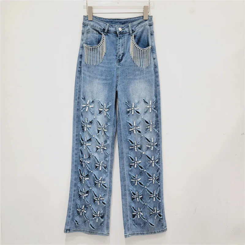 Heavy Industry Tassel Studded Diamond Ripped Jeans for Women 2025 Hollow Out Straight Leg Loose Floor Pants Female Clothing