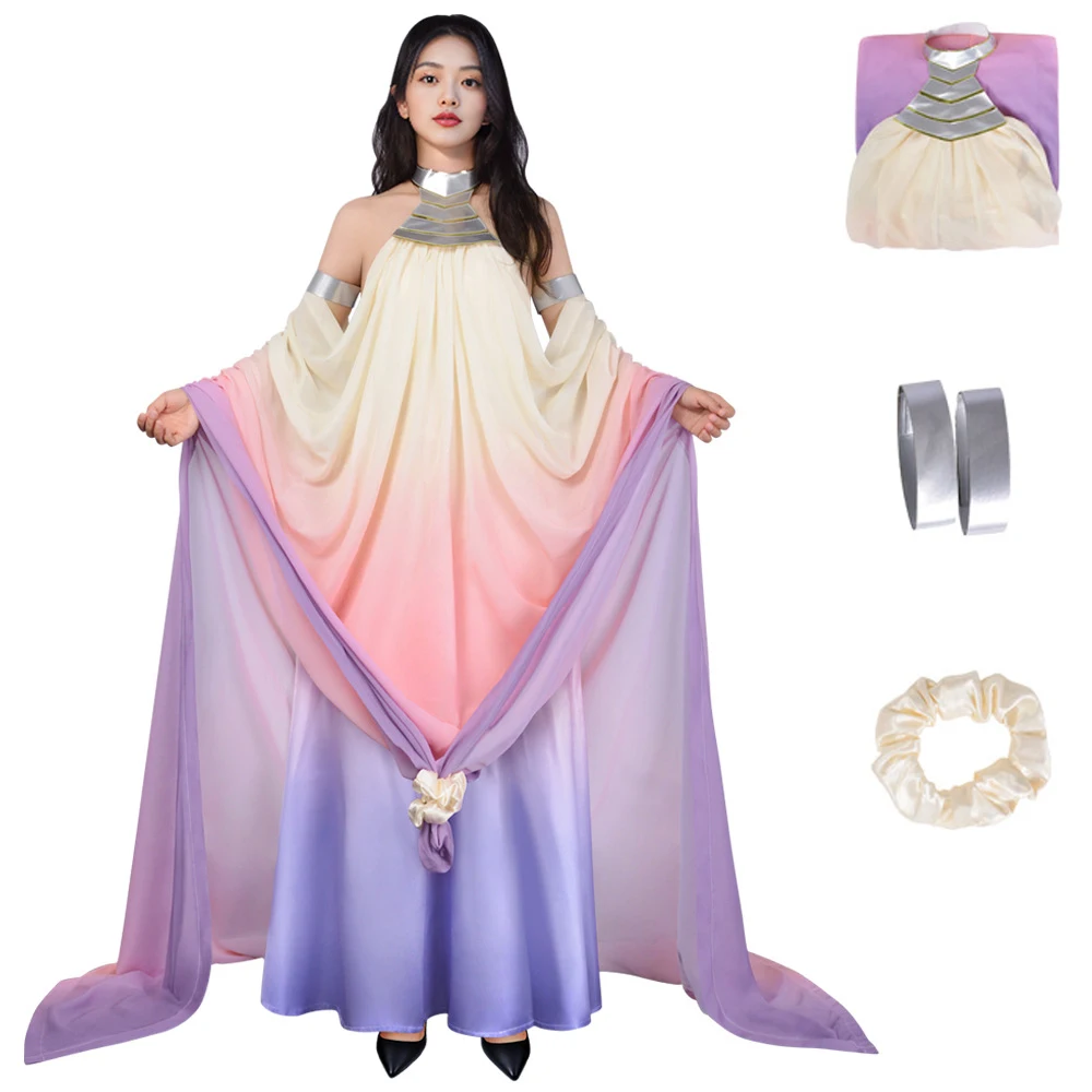 

Sci-Fi Movie Inspired Princess Cosplay Gown, Ombre Galactic Royalty Dress with Arm Cuffs & Hair Scrunchie for Themed Parties
