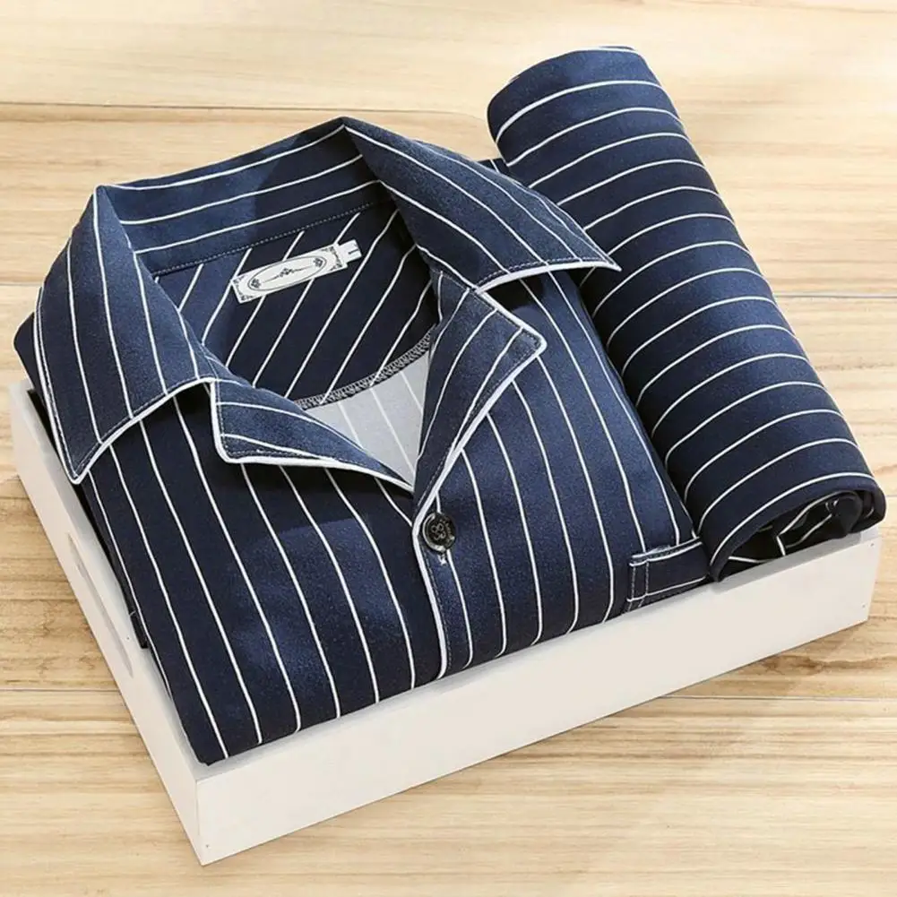 Men Pajama Set Men's Fall Winter Pajamas Set with Striped Plaid Print Color Matching Lapel Single-breasted Long Sleeve for Men