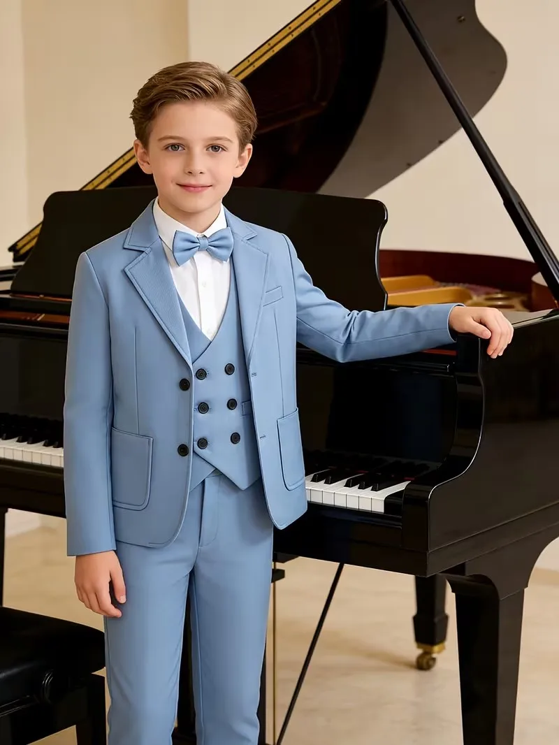 90-170 Children Light Blue Spring Jacket Vest Pants Bowtie Evening Suit Kids Wedding Dress Boys Ceremony Photography Costume