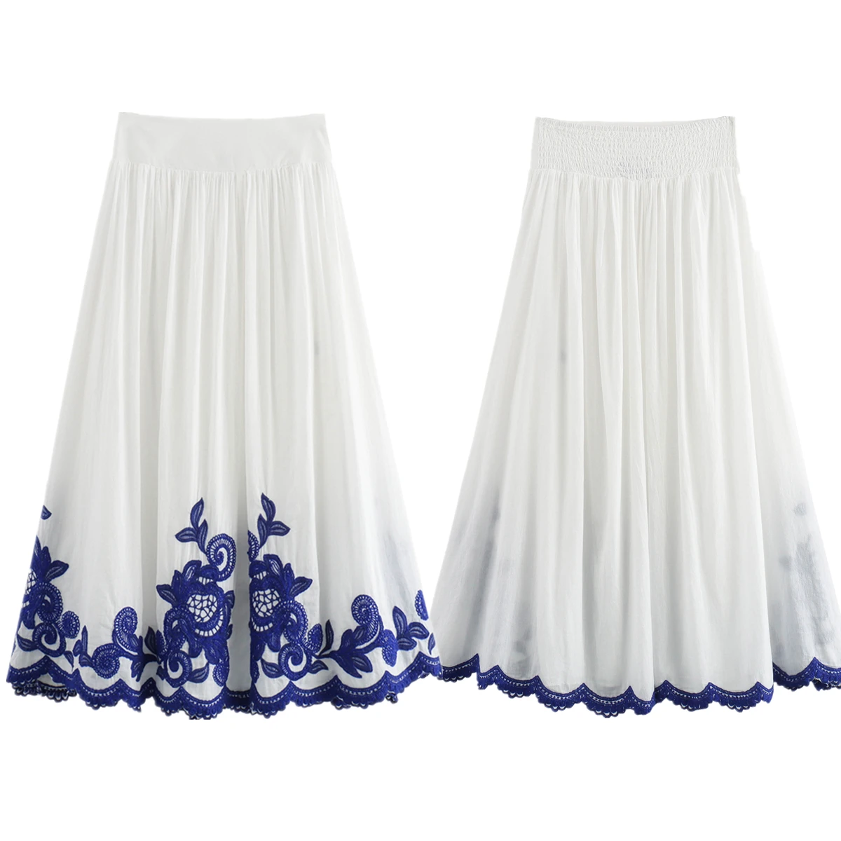 Dave&Di Moroccan Bohemian Retro Blue Embroidered High Waisted Skirt Women Fashion Elegant A-line Loose Midi Skirts