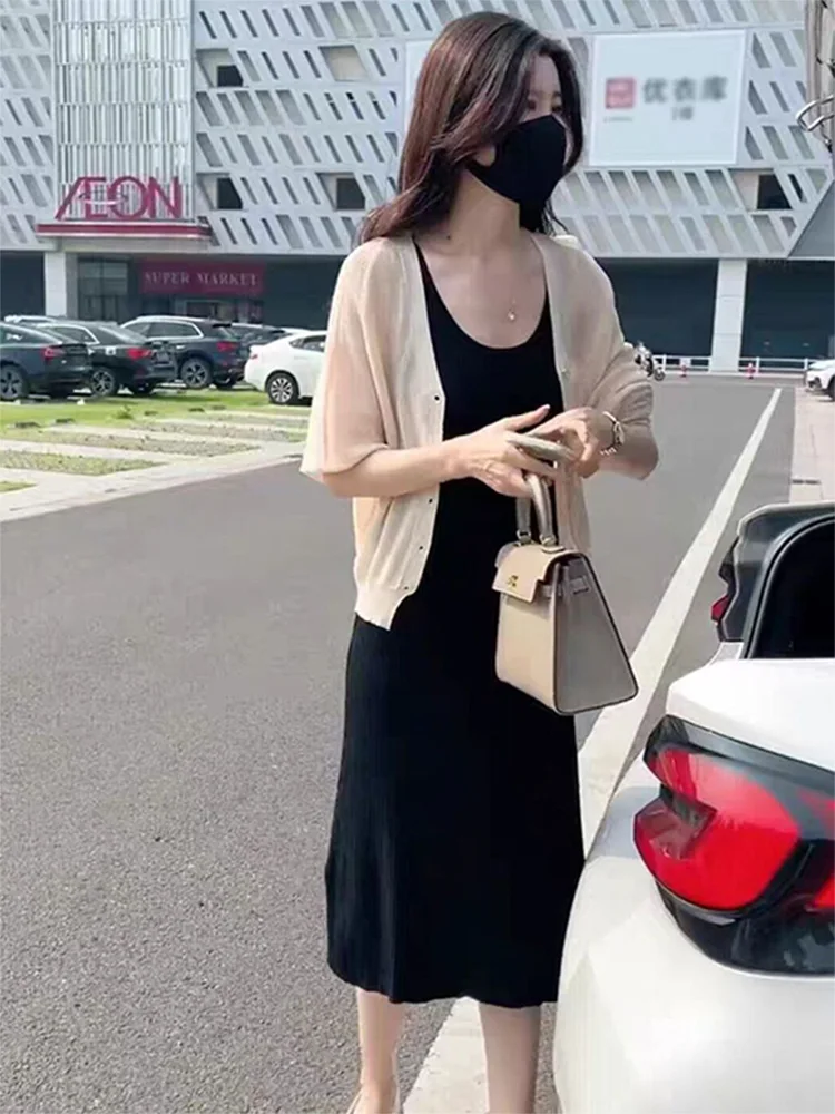 Women's Knitted Open Cardigan Jacket Ice Silk Thin Style Outerwear Shoulder Shawl Strap Dress Top Fashionable Summer Shirt