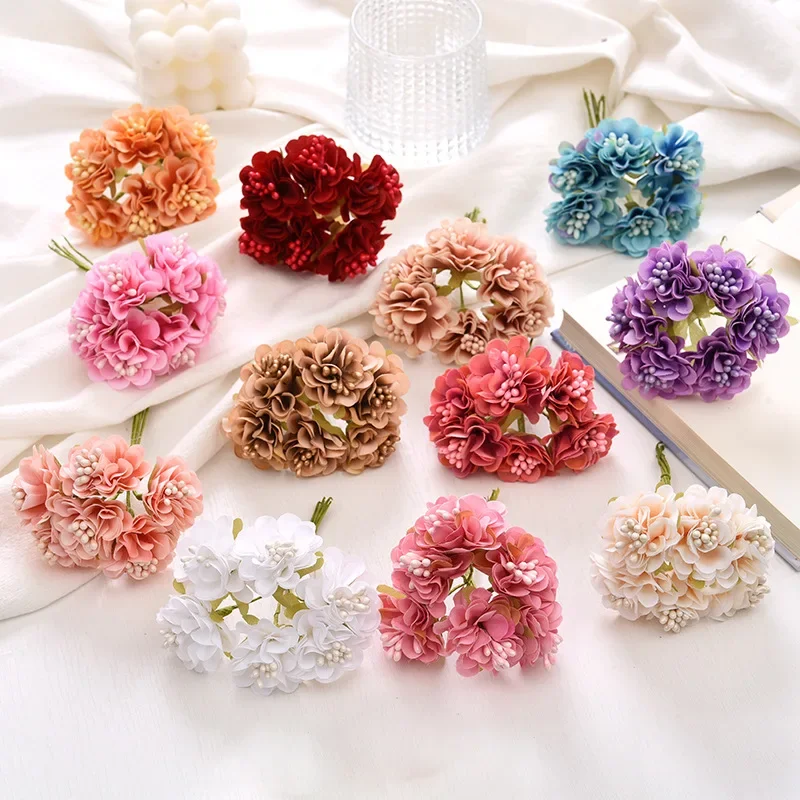 6Pcs Mini Silk Rose Flower Heads Artificial Flowers Bouquet Wedding Home Living Room Decoration Wreath DIY Candy Box Accessories