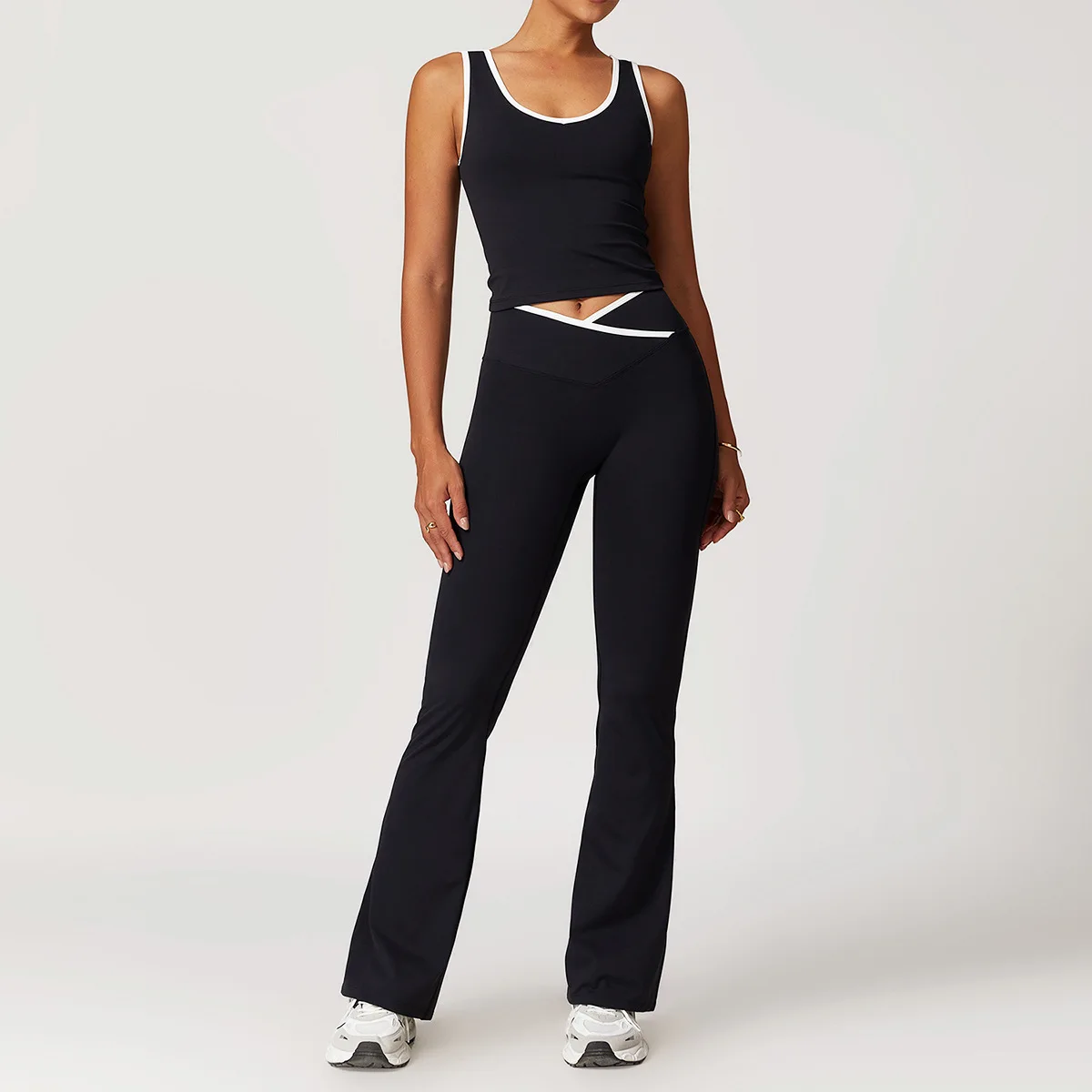 Women's Tummy Control One Piece Yoga Set Color Block Wide Strap Fitness Outfit with V Waist Flared Pants 2-Piece Workout Suit