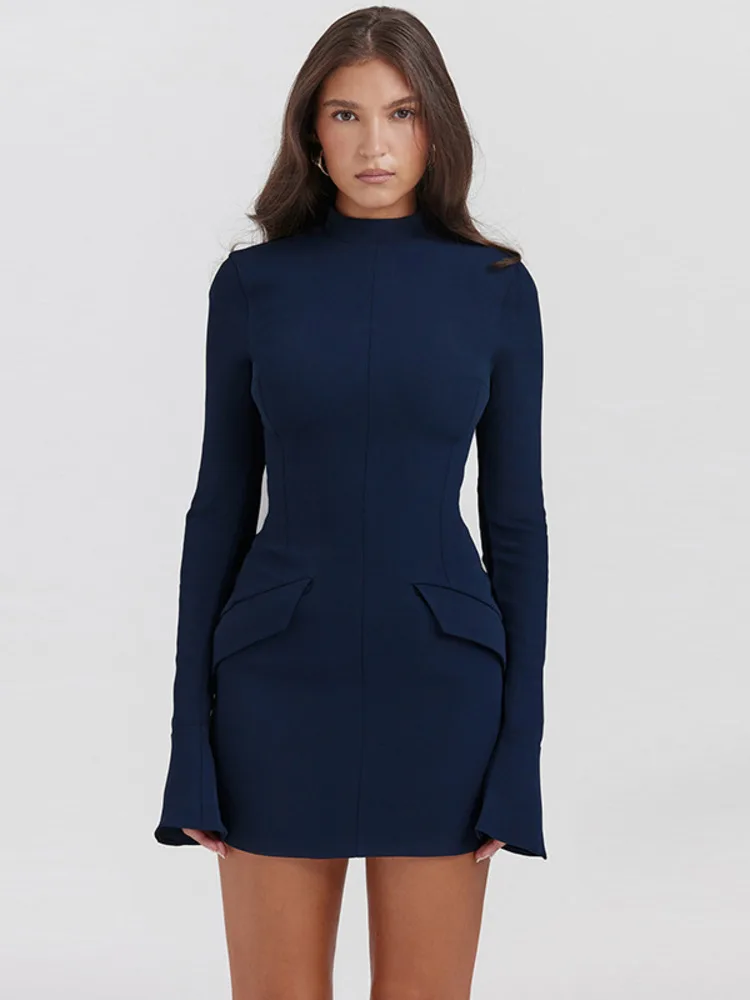 2025 Autumn Winter New Dark Blue Two Pocket Sexy Mini Dress For Women Long Sleeve Bodycon Club Party Dress Elegant