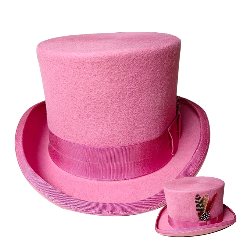 Pink 100% Wool Hat for Men and Women Fedora Top Gentleman Bowler Hat Black White Magic Hat Presidential Hat Feather Accessories