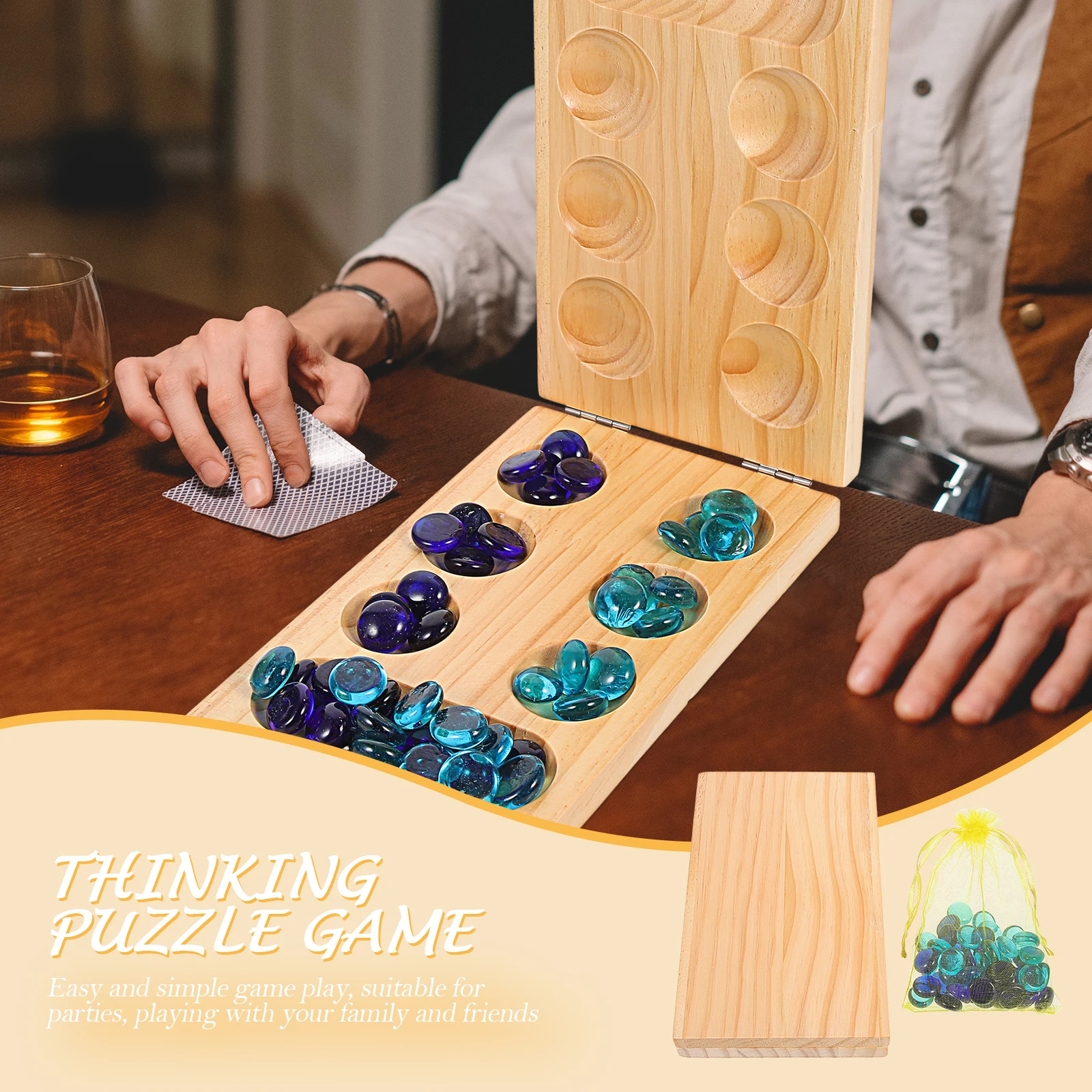

Foldable Gem Chess Wooden Mancala Board Game Kids Toy Travel Size Practical Storage Lightweight Family Fun Party Game