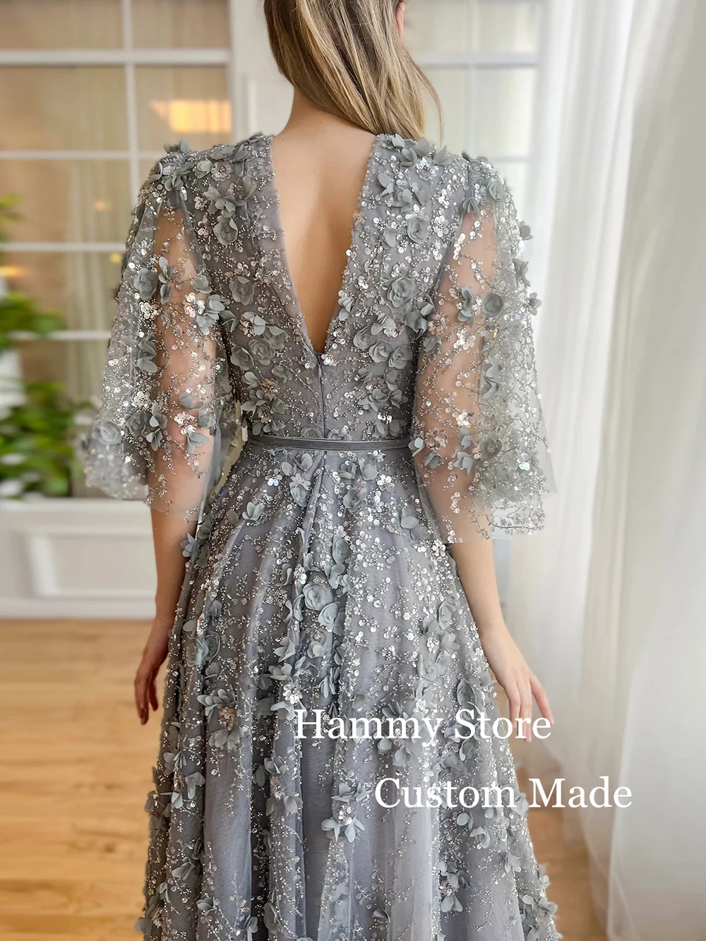 Grey Evening Dress Customized Luxury V Neck Beading Sequined Flower A Line Special Occasion Dresses Shinny Prom Gown for Party