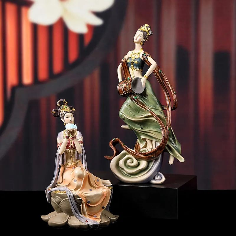 1PC Chinese Dunhuang Flying Apsaras Statue Zen Classical Figure Home Living Room Entrance Bookcase Vintage Decor Craft