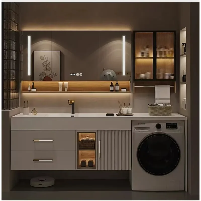for Cream Wind Ceramic Integrated Basin Balcony Washing Machine Combo Modern Rock Slab Bathroom Cabinet Face Wash Table