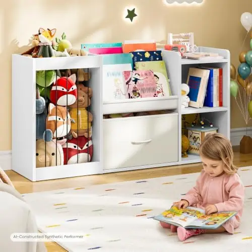 Kids Bookshelf, Children's Toy Storage Rack with Der, Display Shelf with Stuffed Animal Organizer, Toddler Bookcase