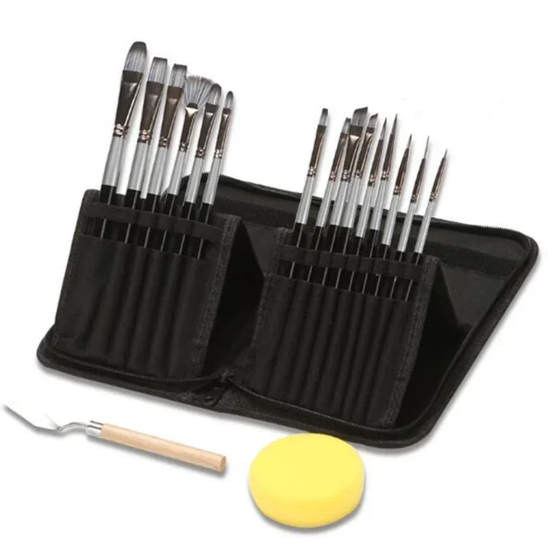 15pcs/set Hook Line Pen Painting Brush Children DIY Art Supplies Stationery Watercolor Brush Paintbrush Bag with Scraper Sponge