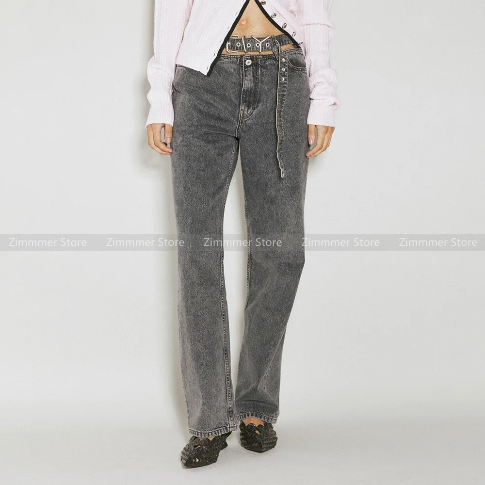 

High Quality! Niche design waistband hollowed washed and old straight jeans women 2024 spring new casual trousers