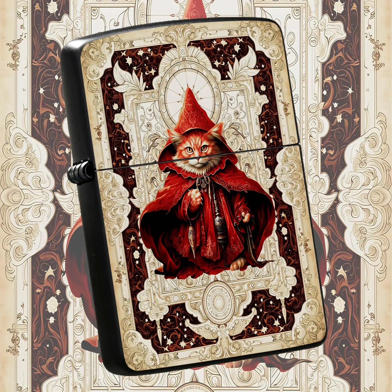 Vintage Red Robe Wizard Cat Art Lighter Ornate Antique Tarot Style Pattern Decor Portable Versatile Igniter Smooth Ignition For Daily Commute Outdoor Gathering Holiday Gifting Personalized Unique Collectible Accessory A Humorous And Interes