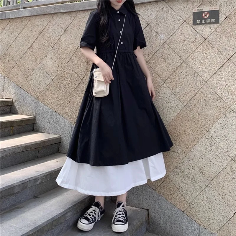 

2024 Women Summer New French Short Sleeve Shirt Dress Female Long Patchwork Dresses Ladies Loose Casual A-line Vestidos X117