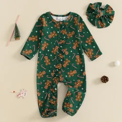 Baby Girls Christmas Romper Gingerbread Print Long Sleeve Jumpsuits and Cute Headband Set for Newborn Xmas Clothes