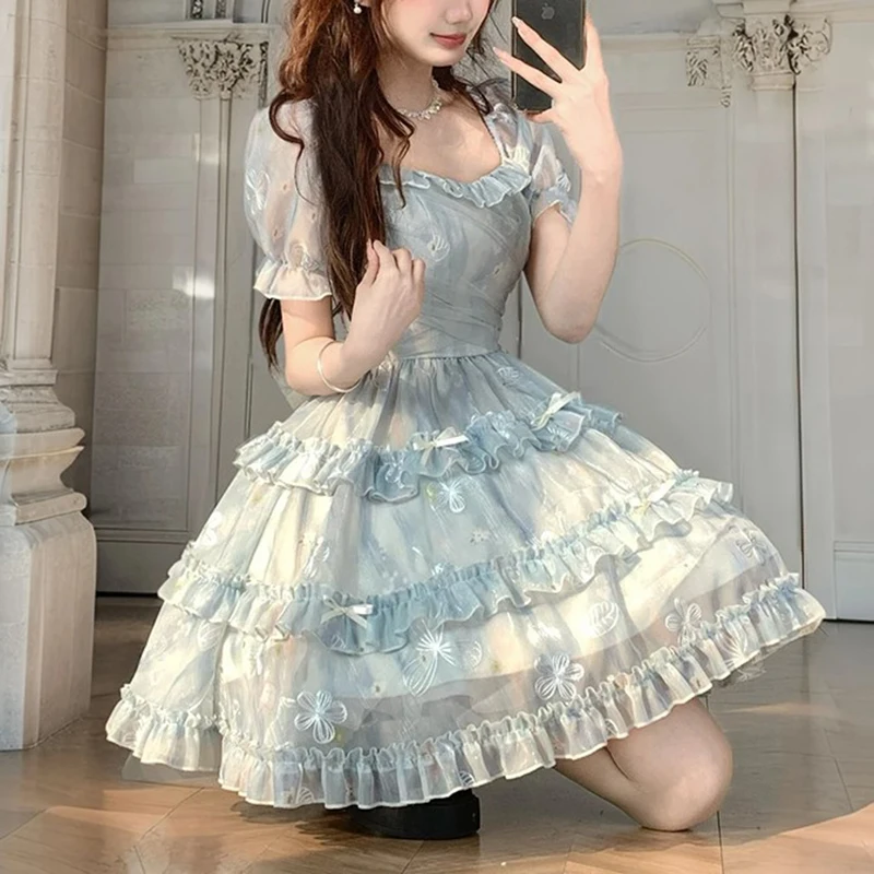 Kawaii Bogen Mini Kleid Frauen Mode Party Mesh Rüschen Patchwork Kleider Sommer Koreanische Puff Kurzarm Bodycon Design Vestidos