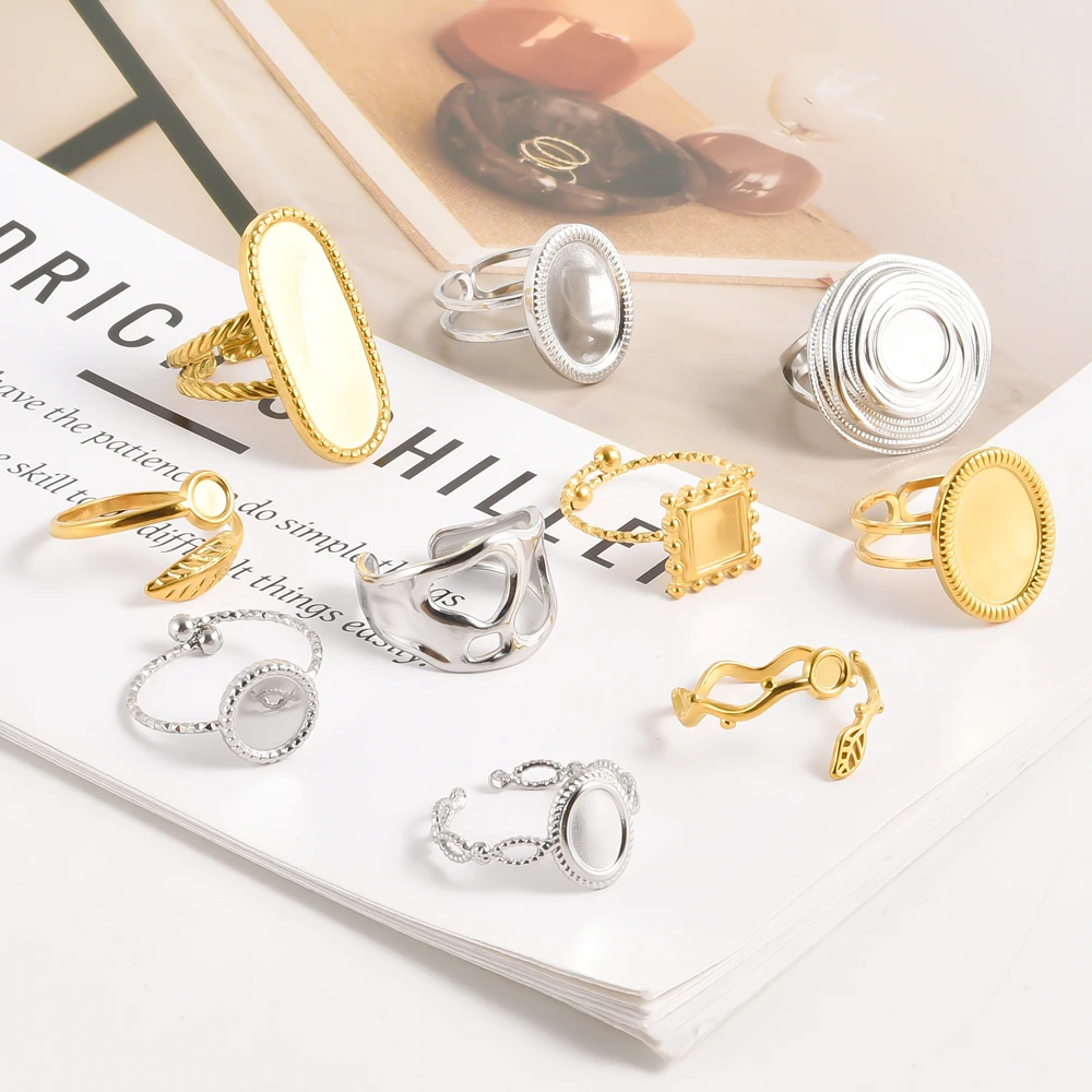 

5Pcs Elegant Stainless Steel Chunky Blank Base Ring Gold/Silver Color Oval Lava Hollow Thistles And Thorns Leaves No Fade Rings