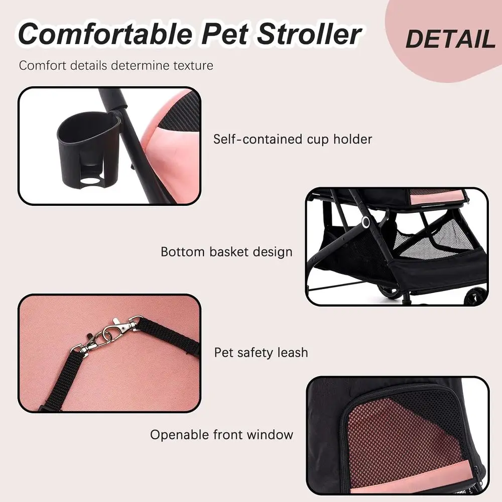 عربة أطفال للحيوانات الأليفة قابلة للطي بأربعة عجلات للكلاب والقطط بوزن 10-36 رطل مع مساحة تخزين، وحامل أكواب، شبكي، لجميع المواسم - وردي #3