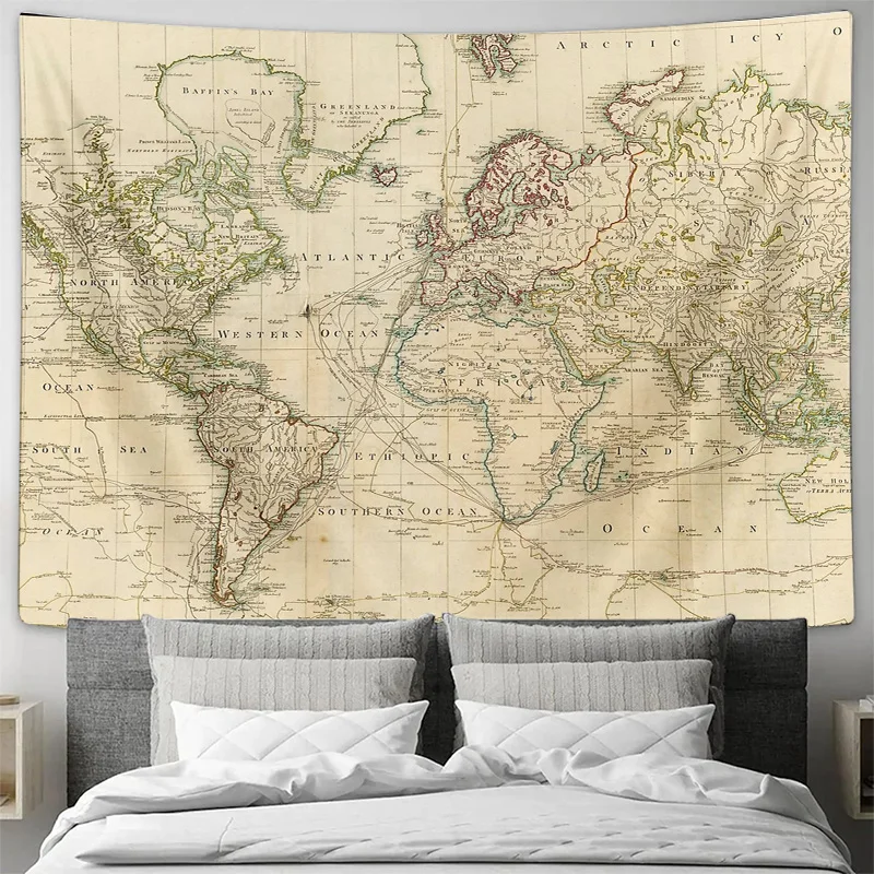 Vintage World Map Tapestry Ancient Europe Asia Wall Hanging Decor Room Aesthetic Travel Theme Home Textile Art #3