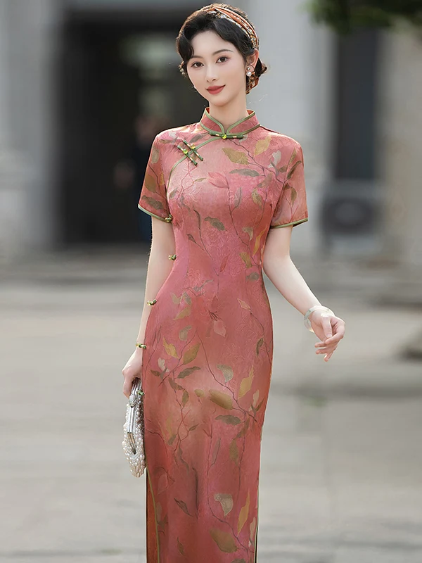 

Розовое длинное ципао в винтажном стиле, новая летняя версия, облегающее, однослойное, китайское, дышащее, в стиле ретро для молодых женщин