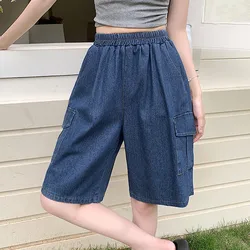 High Waist Knee Length Casual Jeans Women New 2024 Summer Korean Style Double Pockets Basics Female Denim Short Pants W1714