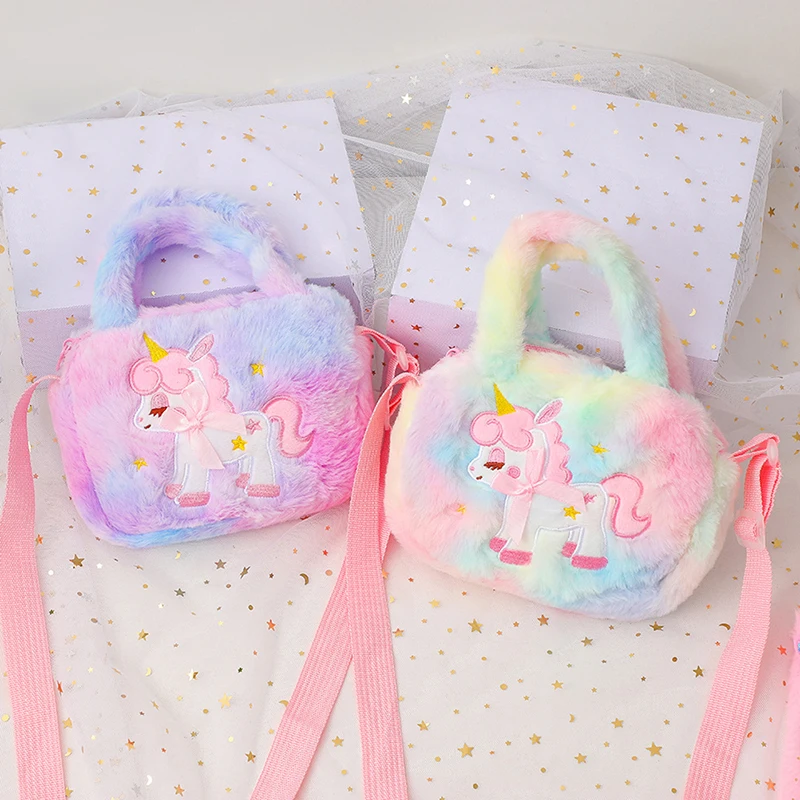 Sacs à main brodés à bandoulière en peluche pour enfants, sac à main moelleux arc-en-ciel pour petites filles, sac à fourrure de dessin animé mignon, sac initié à Nairobi Orn