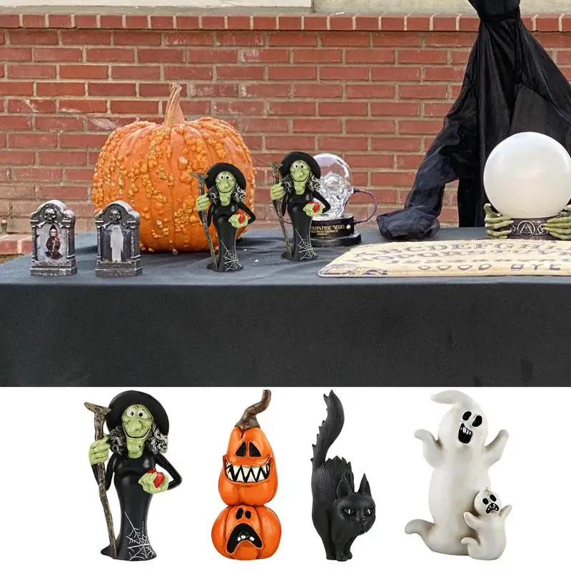 Halloween Desktop Decoration Spooky Resin Halloween Statue Witch Black Cat Pumpkin Ghost Figurines Horror Ornament Table