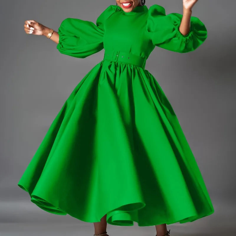 Puff Sleeve Elegant A-Line Pleated Dress Eevning Satin Fashion Wedding Guest Cocktail Long Dress Vintage Dress with Belt