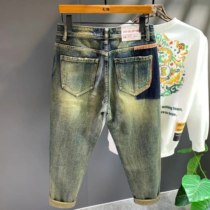 

Retro Worn Jeans Men's Loose Large Size Fashion Stitching Design Casual Wide Leg Pants Trend Daddy Pants Baggy Pants