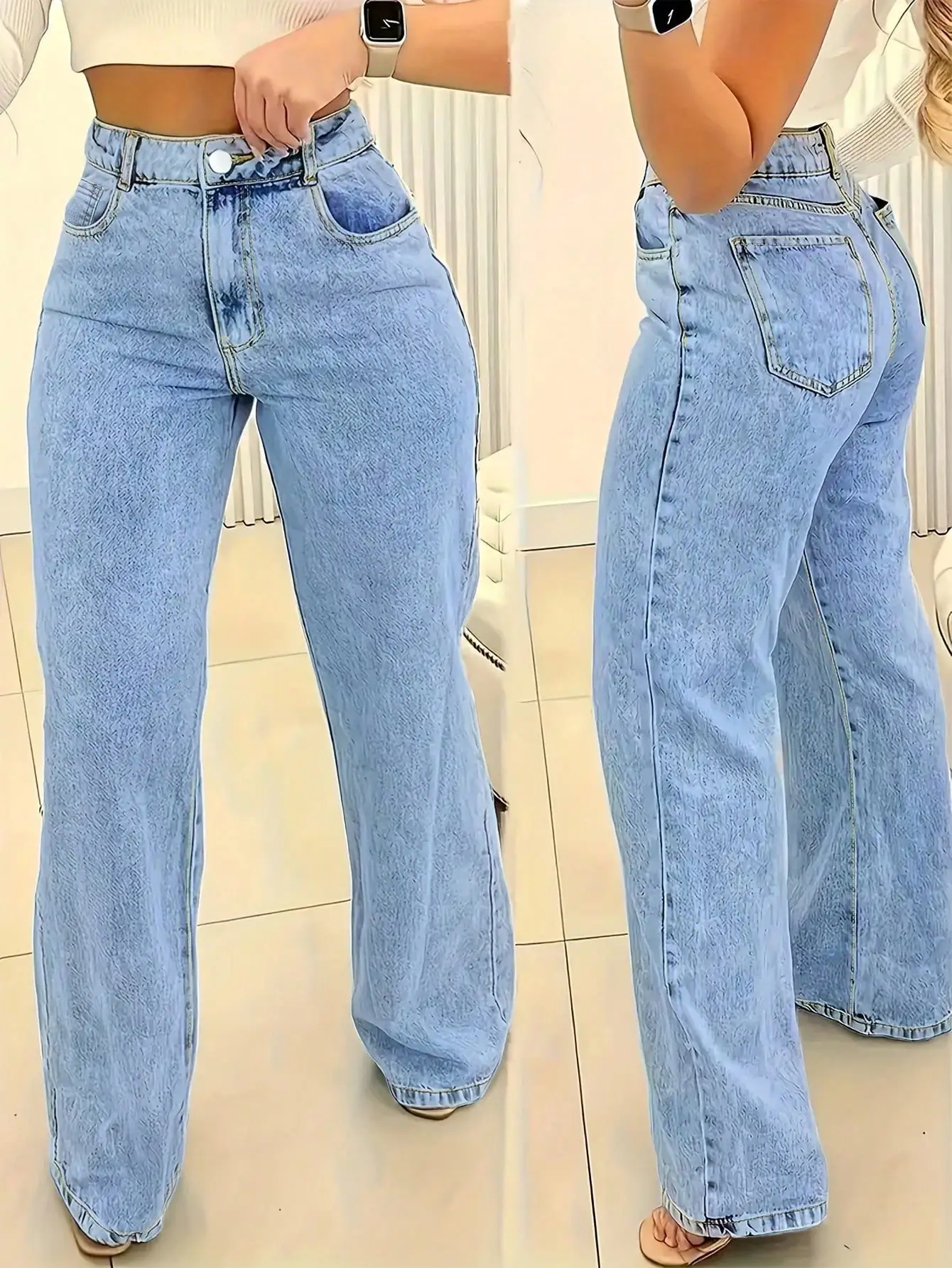 

Женские джинсы с широкими штанинами, светлый деним, средняя посадка, свободный крой, повседневные