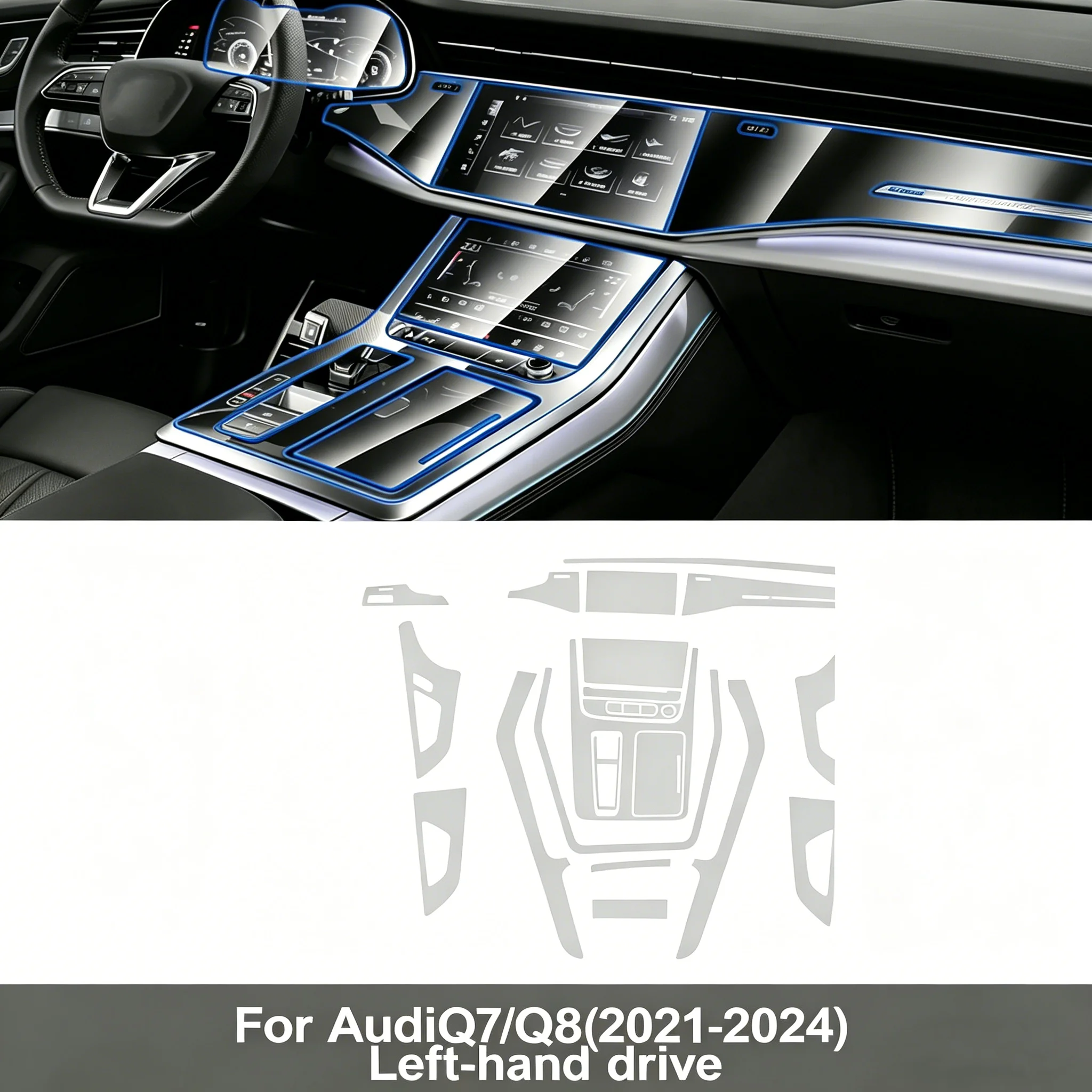 For Audi Q7 Q8 2021-2024 Interior Transparent TPU Film Car Center Gearbox Panel Dashboard Anti-Scratch Sticker Protective Film