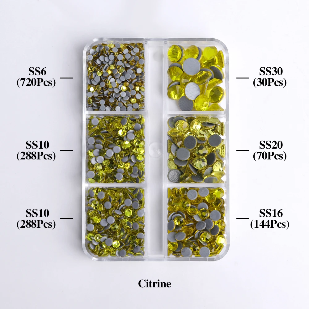 SS6-SS30 Gemengde Maten Glas Hotfix Steentjes 6Grid Box Platte Achterkant Glitter Kristal Strass Ijzer Op Steentjes voor Kleding