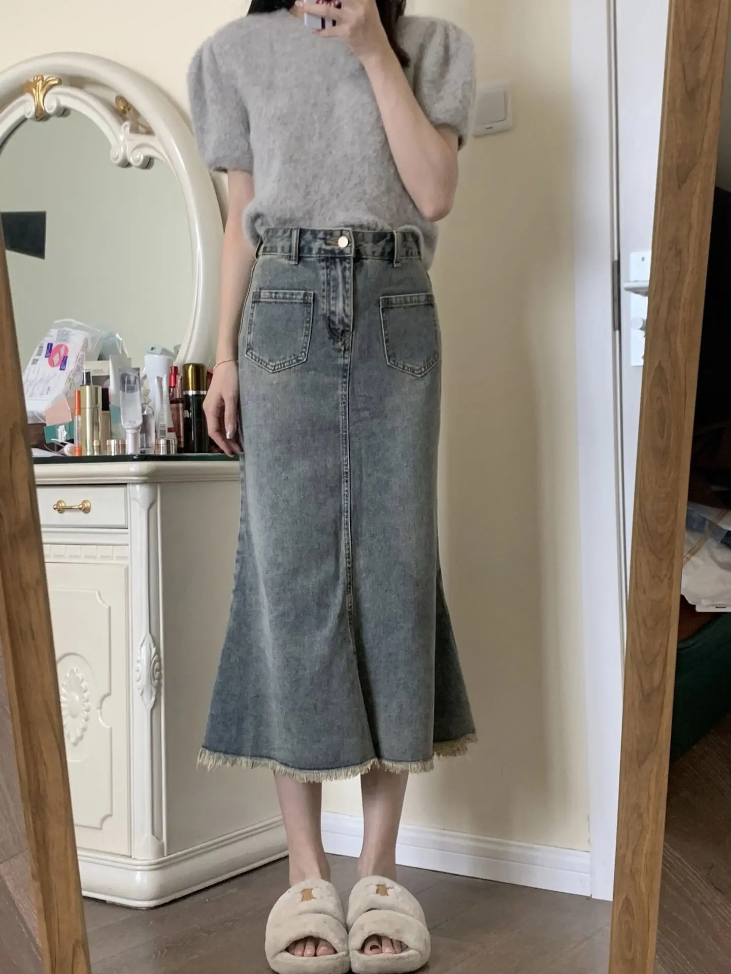 Design Sensation Denim f-lengte Rok vrouwen Herfst Nieuwe Sle A-lijn Lange Rok plus Size Vet MM Rokken Tailored Fi-staart