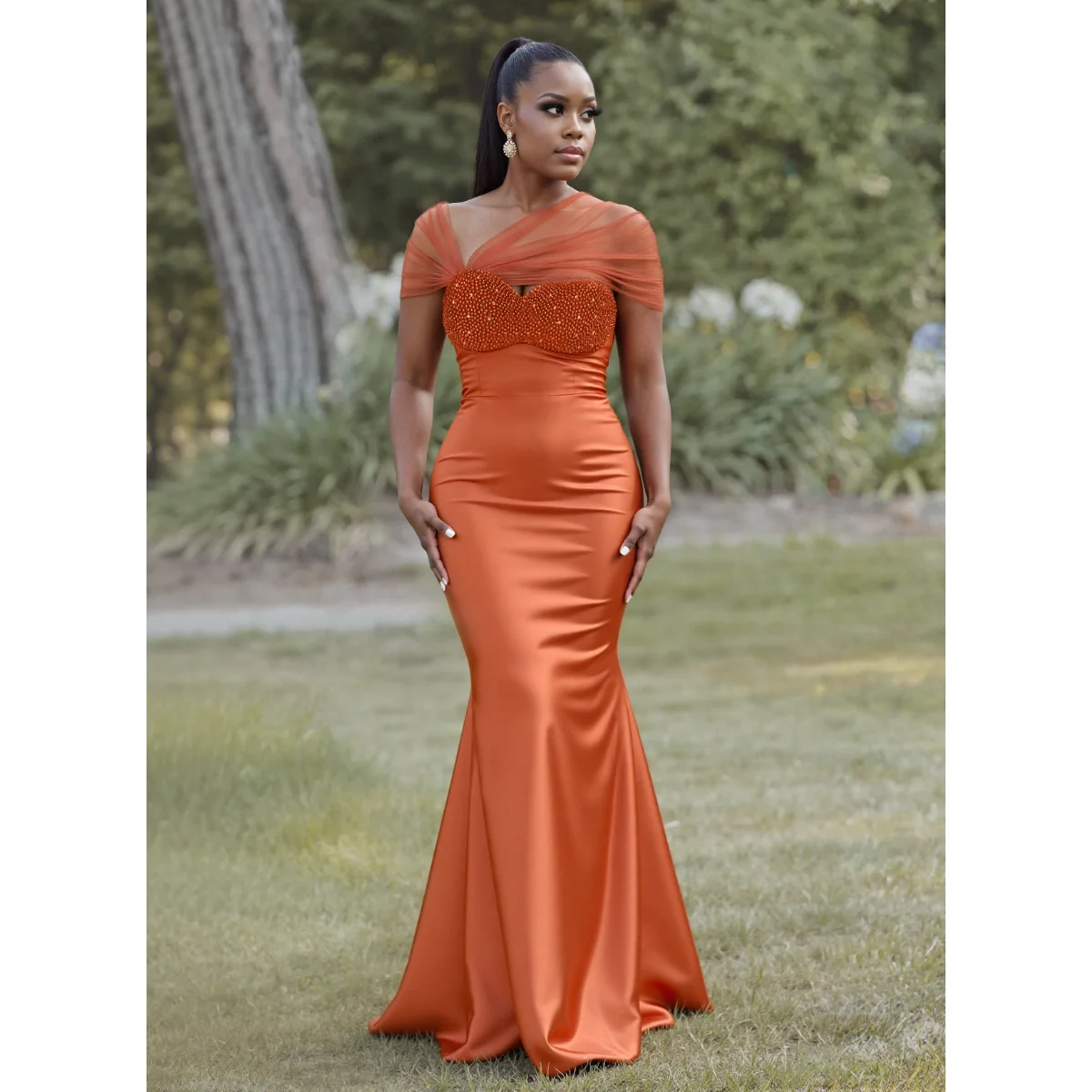 

Custom Orange Satin Mermaid Evening Dress Off Shoulder Mesh Beaded Ball Dress Elegant Slimming Wedding Guest Dress