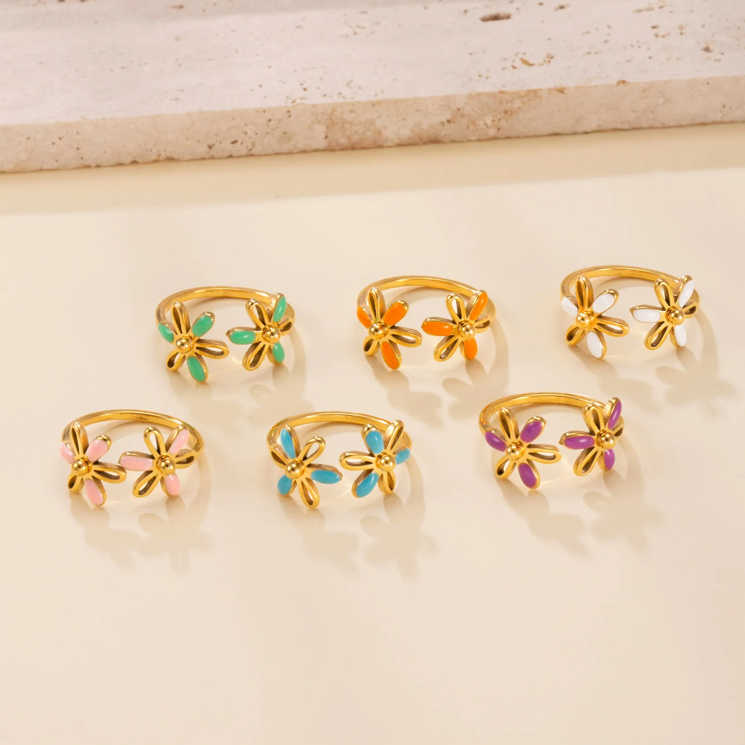 Skyrim Bunte Emaille-Blumen Offener Ring Damen Edelstahl Goldfarben Ringe Mode Böhmischer Schmuck Geschenk Großhandel – Detail 1
