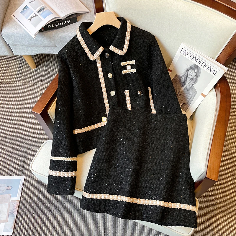 Women Tweed Jacquard Fragrant Y2K Suit Jacket Coat And Skirt Two Piece Set Sequin Matching Outfit Female Winter Warm Cold Cloth