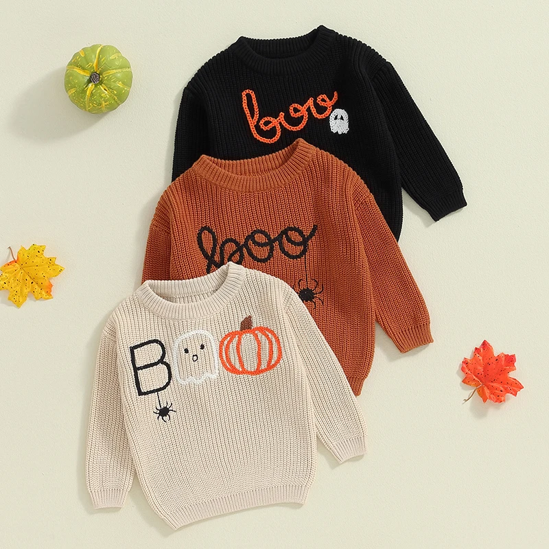 

Toddler Girls Clothes Baby Boys Sweater Halloween Pumpkin Ghost Spider Letter Embroidered Kids Pullovers Fall Tops 2024