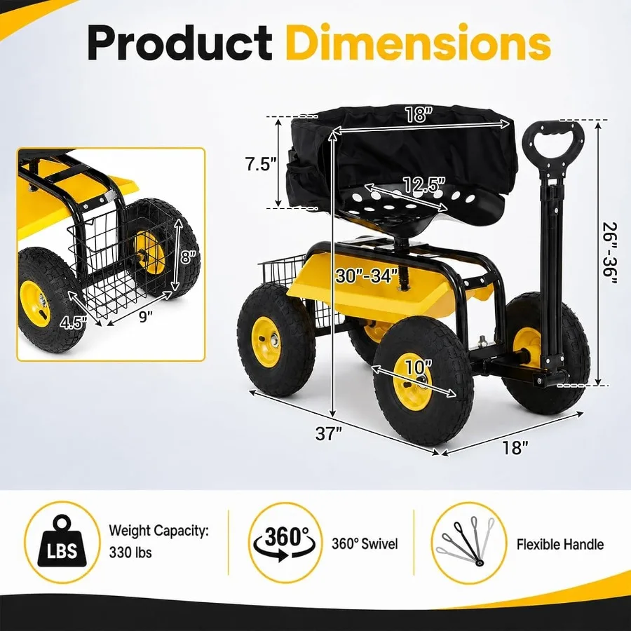 Rolling Garden Cart with Seat, Garden Seat with Wheels and Backrest for outdoor use, steel frame, black, foldable and ergonomic