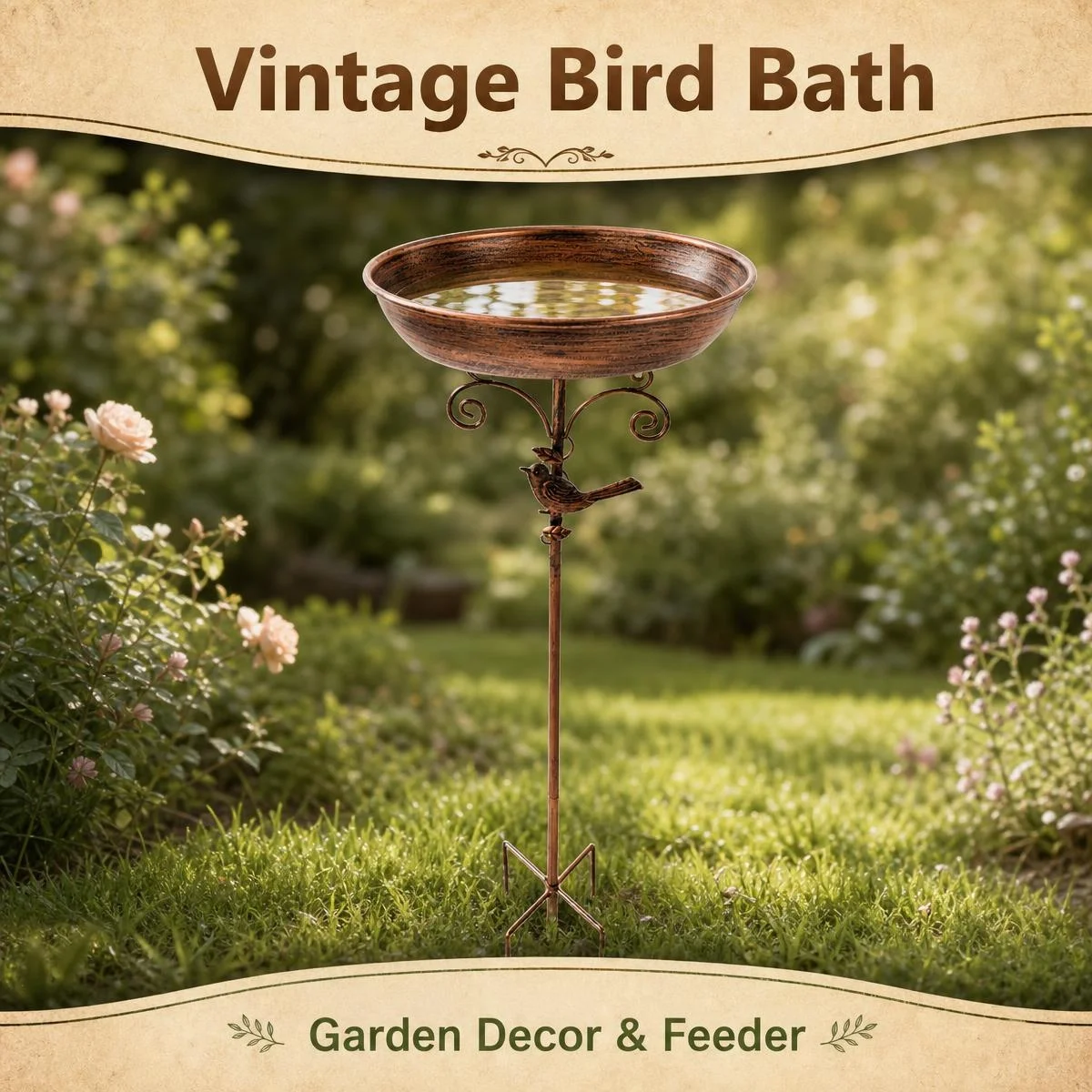 Vintage Bronze Metal Ground Stake Bird Feeder & Bird Bath 2-in-1, Wild Bird Feeder for Outdoor Garden, Lawn & Courtyard