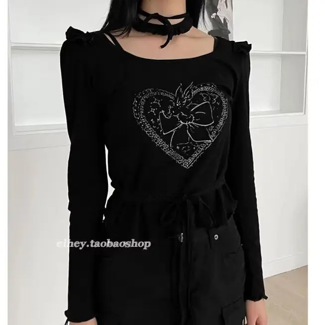 New in 2024 Women Long-sleeved Lace Choker Basic Shirt Slim-fit Y2k Heart Print Cute Sweet Korean Cropped Top Shirts For Women