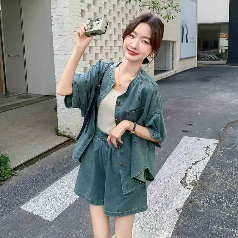 Elastic Waist Woman Shorts Denim With Jacket Office Short Sets for Women 2 Pieces Outfit Trends Top and Bottom Novelties Luxury