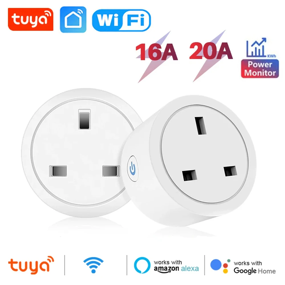 

20A 16A UK Plug TUYA WIFI Smart Socket With Power Monitor Voice Control Timing Home Power Socket Works with Alexa Google Home