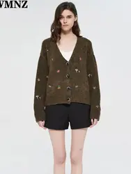 XNWMNZ -cárdigan de punto Vintage para mujer, de manga larga bordada, con cuello en V, suéter elegante, abrigo de otoño, 2022