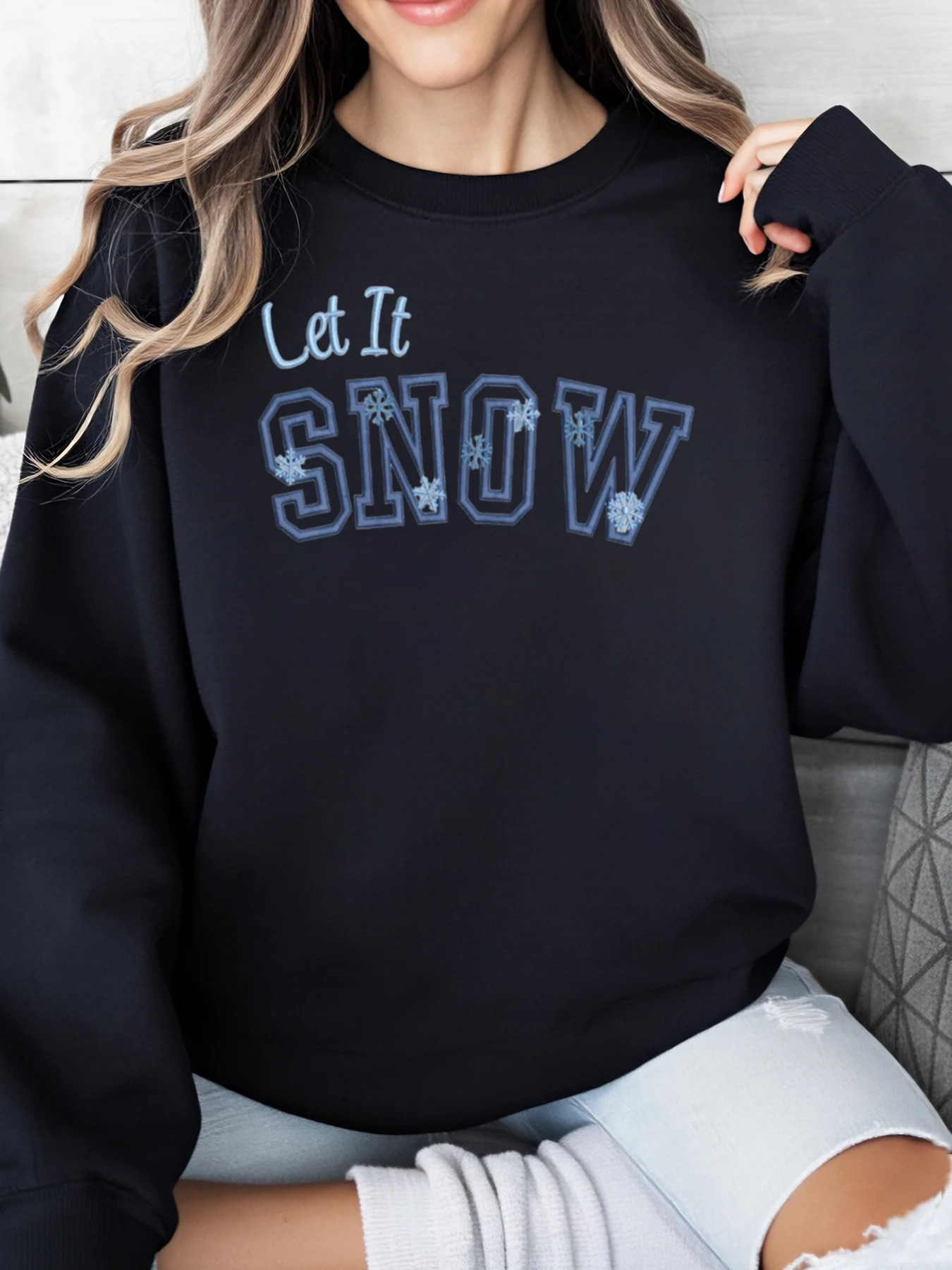 

Рождественский свитшот Let It Snow с принтом, женская повседневная зимняя праздничная одежда, черный, больших размеров
