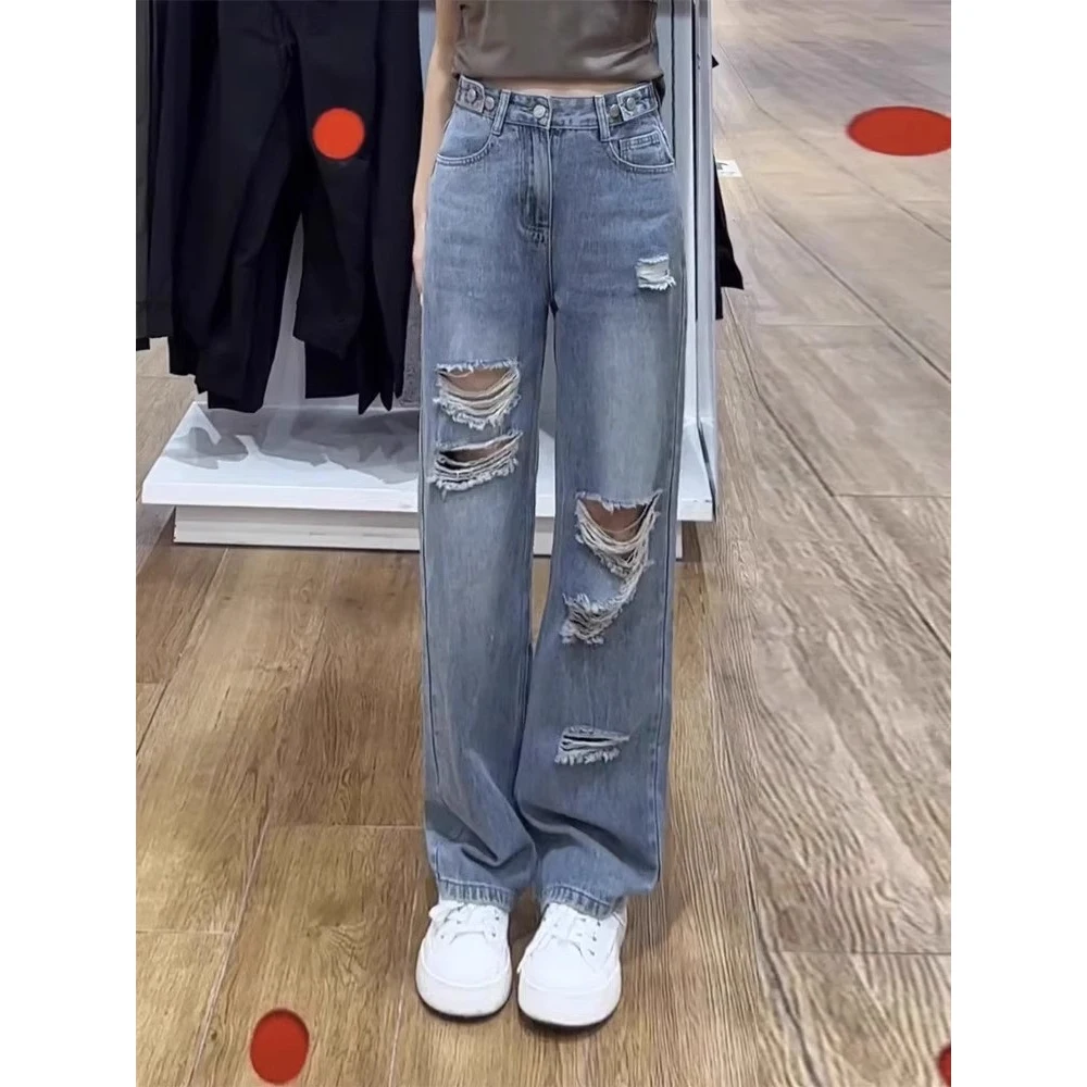 Jean coréen à trous pour femmes, pantalon Long en Denim, ample, taille haute, droit, grande taille, Cowboy, jambes larges, nouvelle collection printemps été