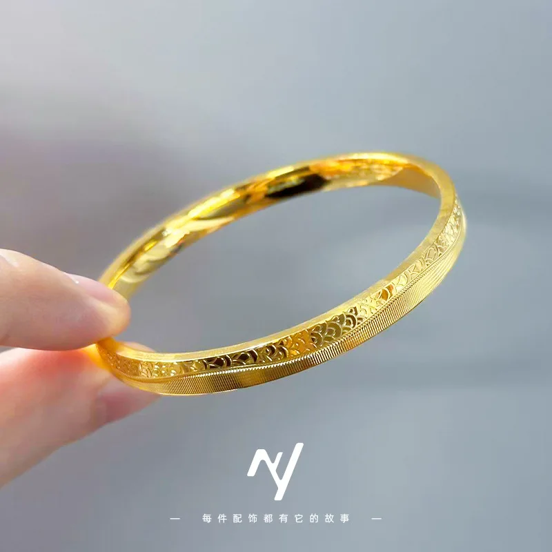 

Versatile Women 9999 24K Real Gold Light Luxury High-end Cnc Design Sense Vertical Pattern Dragon Scale Bracelet Plain Circle