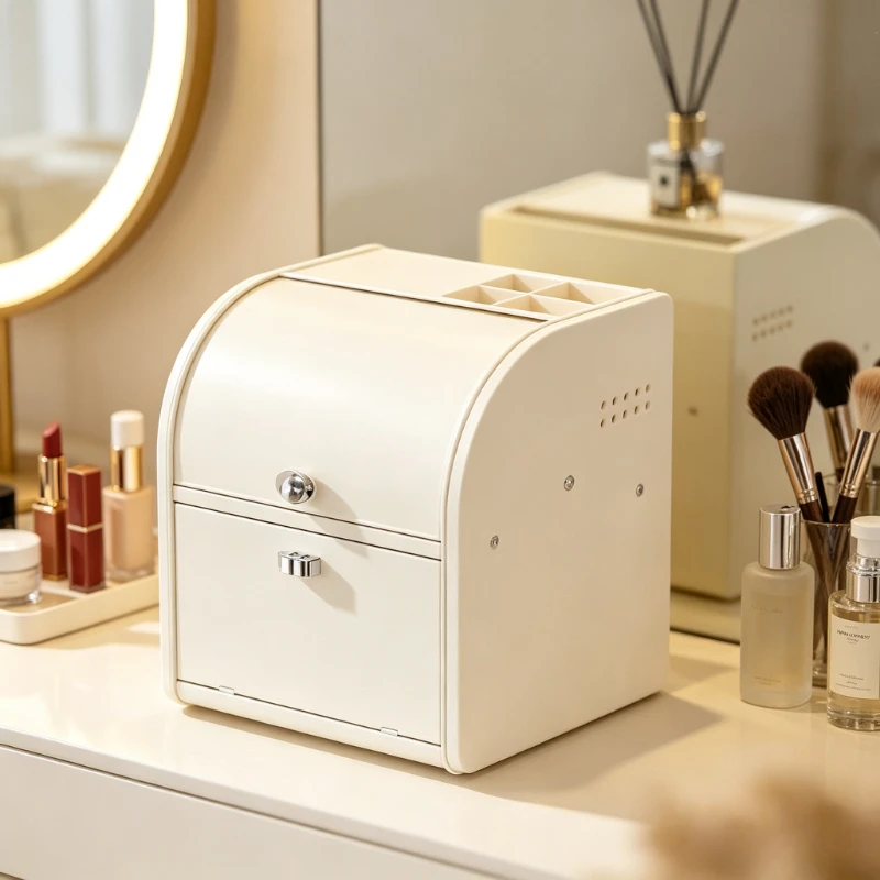 Cream Style Dustproof Storage Box, Large Capacity Makeup Organizer for Bedroom, Aesthetic Entryway Decor & Vanity Tray